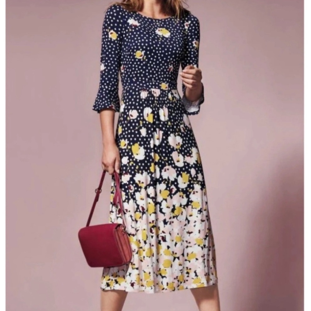 Boden Navy Polka Dot & Yellow Floral Midi Dress